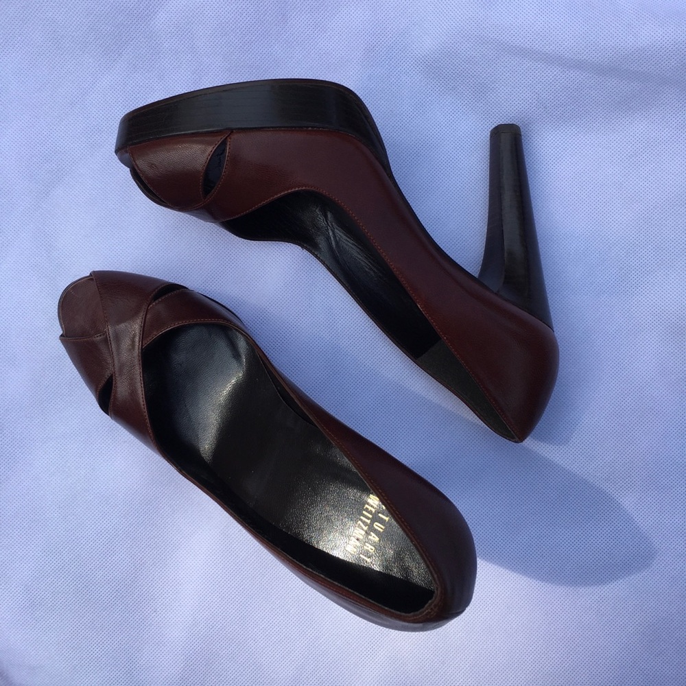 Stuart Weitzman Brown Peep Toe Heels size 8.5 - Picture 3 of 9
